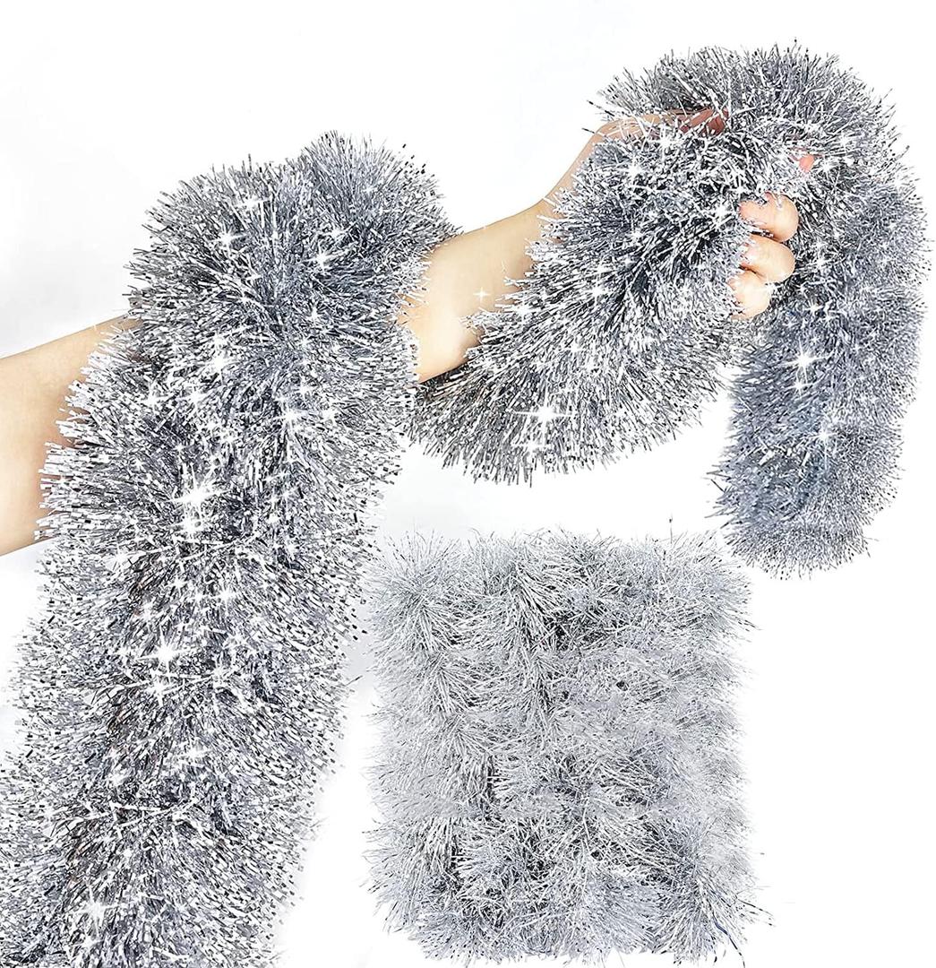 TURNMEON 5 String Total 50 Ft Silver Christmas Tinsel Garland Xmas Tree Decorations Christmas Metallic Twist Garland Hanging Decorations Indoor Outdoor Christmas Party Supplies, Each 10 Ft by 4 Inch