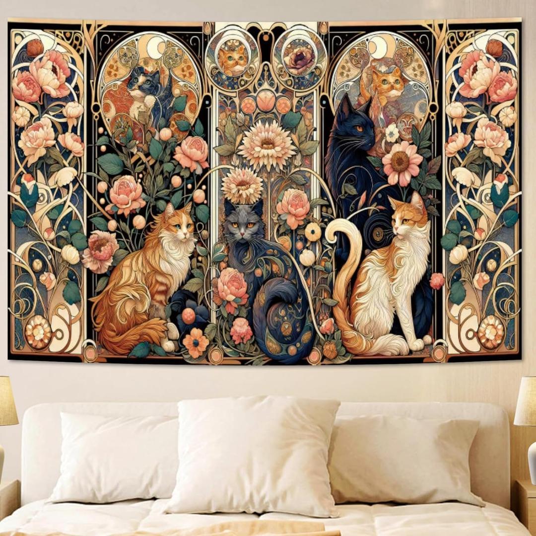 Apdidl Boho Floral Cute Wall Tapestry for Bedroom, Vintage Flower Cat Wall Hanging, Bohemian Style Orange and Black Cats Funny Tapestries, Animal Painting Art Poster for Girls Room Dorm Beach Decor (60" X 79")