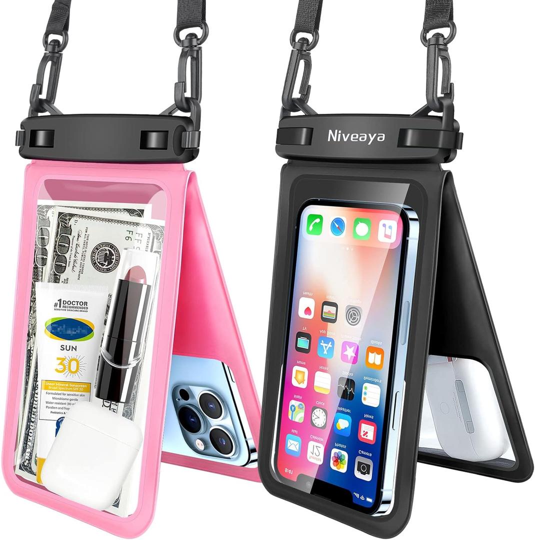 Niveaya Double Space Waterproof Phone Pouch - 2 Pack, Waterproof Phone Lanyard Case with iPhone 16/15/14/13/12 Pro Max up to 8.3", Phone Dry Bags for Vacation Beach Pool Kayak Cruise Travel Essentials