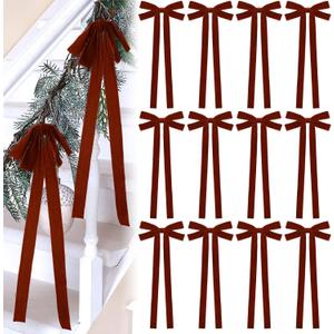 12 Pcs Burgundy Velvet Christmas Bow 10 x 24inch Extra Large Christmas Bow with Extra Long Tail Neutral Holiday Decor Velvet Ribbon Bows for Xmas Garland Fireplace Stairs Mirror Door