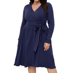 Women’s Plus Size Sweater Dress Long Sleeve V Neck Wrap Tie Waist A-Line Casual Ribbed Knit Fall Winter Midi Dress XXL