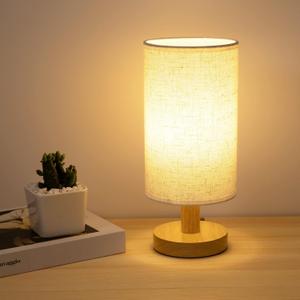 Small Bedside Table Lamp for Bedroom, Minimalist Wood Base & Round Fabric Shade, Mini Cute Cozy Warm White Nightstand Boho Lamp, Study Desk Night Stand Light for Room, Dorm, Nursery, Living Room (Cylinder - Set of 1)