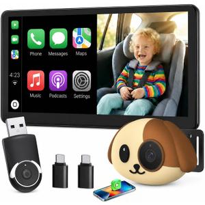 Cabin Care 1080P Baby Car Camera with Wireless CarPlay Adapter for iPhone Only, Real-Time Rear Seat Monitor, 150° Wide-Angle, IR Night Vision, Works with Factory Wired CarPlay (Dog)