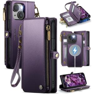 Defencase for iPhone 15 Magnetic Wallet Case Compatible with Magsafe with RFID Blocking Zipper & Card Holder for Women Men, PU Leather Strap Detachable Phone Case for iPhone 15 (6.1 inches), Purple