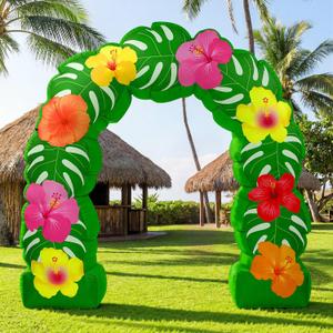 Soulchen 8.2 ft Tropical Hawaiian Inflatable Arch Summer Luau Party Decoration Monstera Leaves Tropical Flowers Inflatable Archway Outdoor Large Hawaii Birthday Party Decor for Beach Luau Pool Patio