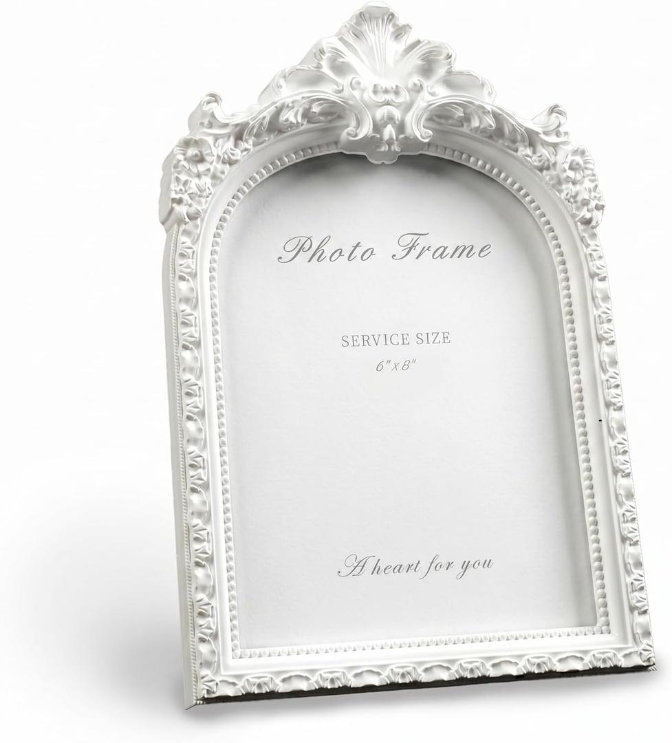Cuspin 6x8 White Arched Picture Frame, Vintage Elegant Decorative Frame | Glass front, handcrafted resin, wall hanging and tabletop display, elegant retro home decor, wedding decor