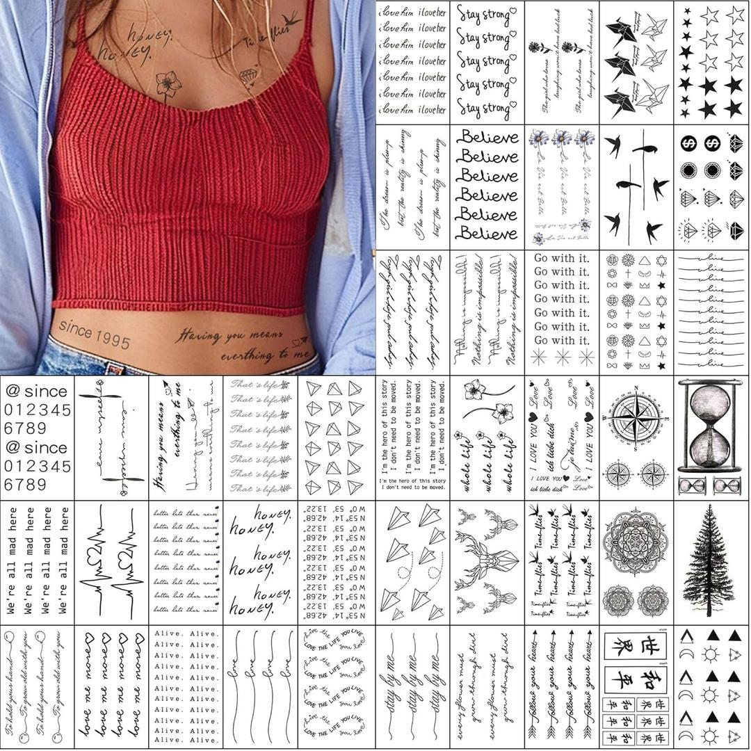 Everjoy Realistic Tiny Temporary Tattoos - 400+ Patterns, 60 Pcs Inspirational Quotes, Words, Lines, Flowers, Leaves, Artworks, Message Tattoos for Women, Men and Adults