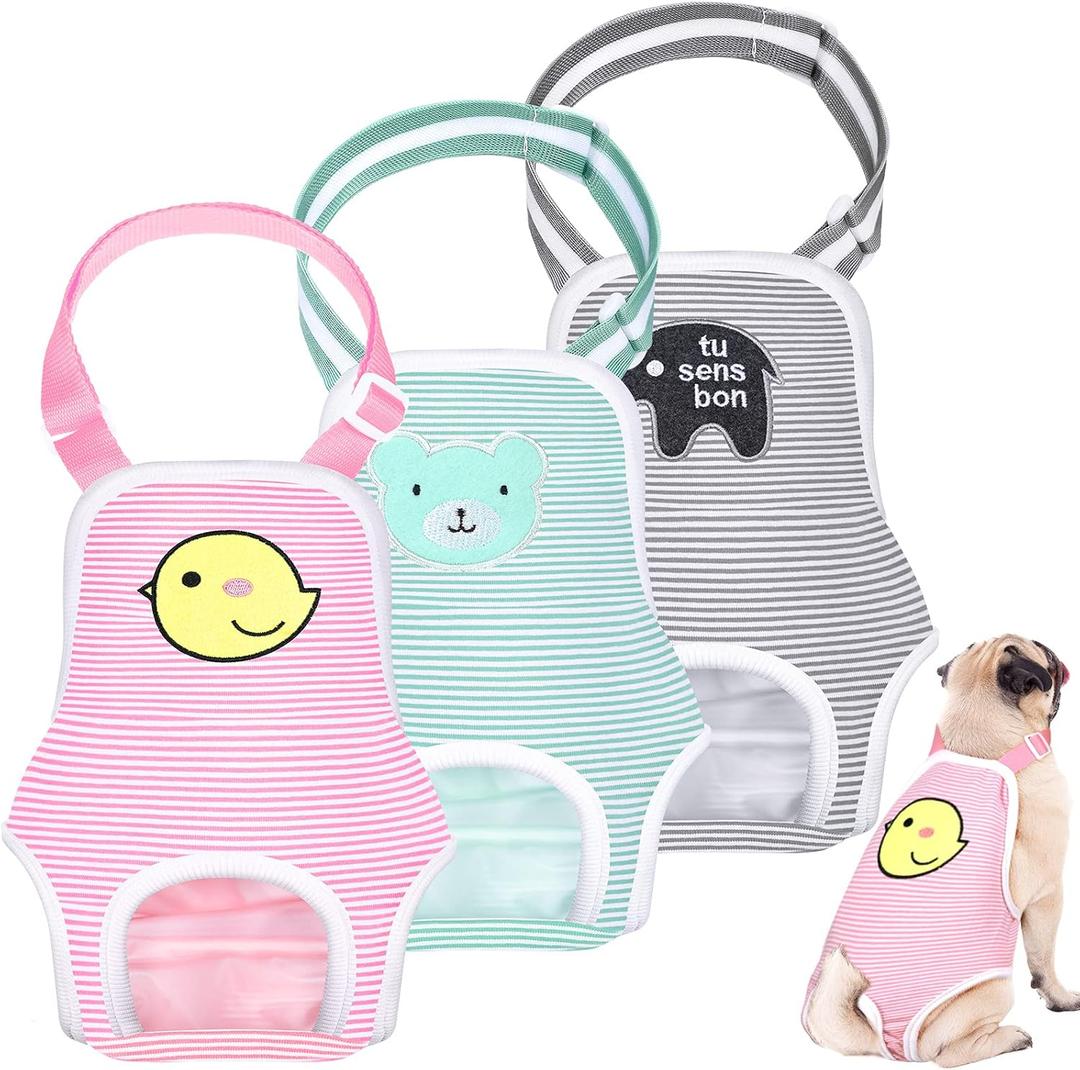Nuanchu 3 Pcs Female Dog Diaper Sanitary Panties with Adjustable Suspender, Washable Reusable Doggie Diapers for Small Medium Large Dog in Heat Period Menstrual Pet Cats Ducks(Animal Pattern,M)