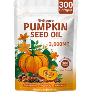 Pumpkin Seed Oil with Saw Palmetto, Vitamin D3 & Elderberry 300 Softgels (3000mg) Pure Virgin Oil 4-in-1 Supplement for Hair Health, Prostate & Urinary Support Non-GMO, Vegan