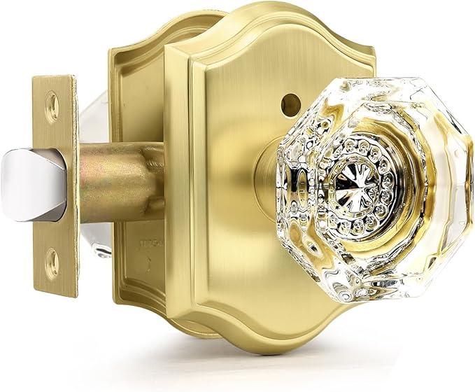 Transparent Glass Door Knobset Interior,Privacy Diamond Crystal Door Lockset in Satin Brass/Gold,Keyless for Interior Bath/Bed,Push Pin Button Inside Lock, 1 Pack