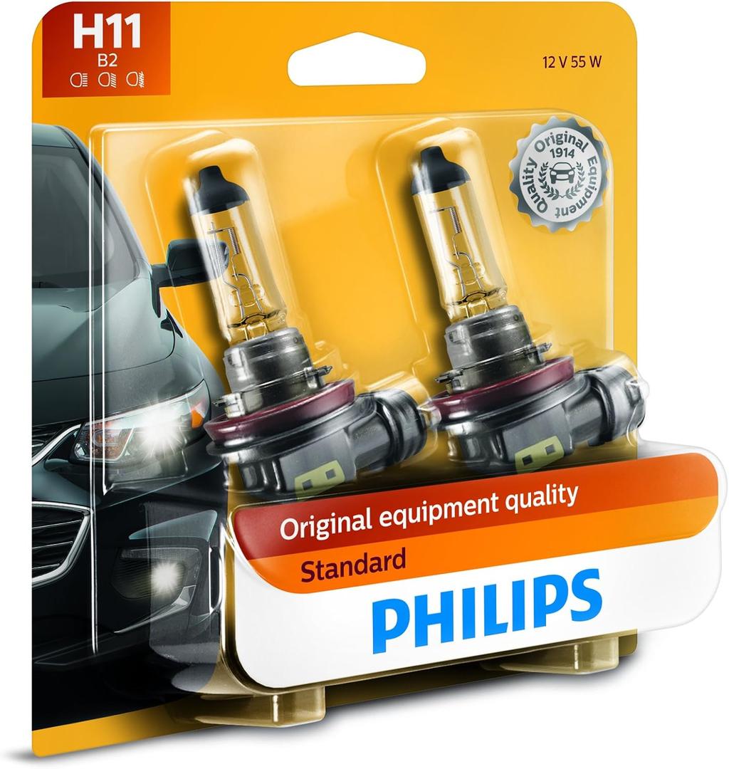 Philips Automotive Lighting H11 Standard Halogen Replacement Headlight Bulbs, Fit Select High Beam, Low Beam, and Fog Light Positions, 2 Pack