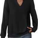 EADINVE Women Casual Long Sleeve V Neck Sweatshirts Cute Loose Fit Lightweight Pullover Tops
 (Small, Black)