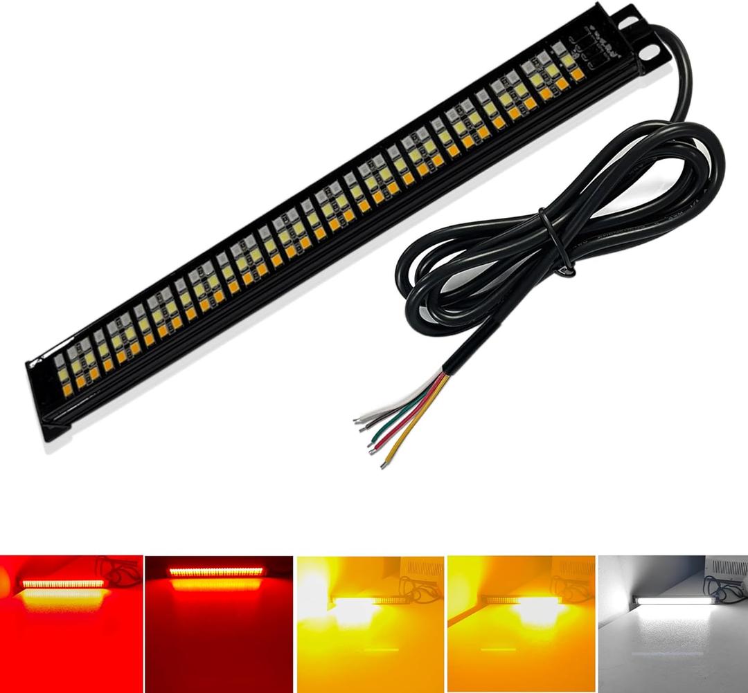 8in White Amber Red Motorcycle Led Tail Lights,Waterproof Triple Row led Strips,108 LEDs License Plate Lamp Full Function with Brake Reverse Turn Signal Running Light for Motorcycle Car