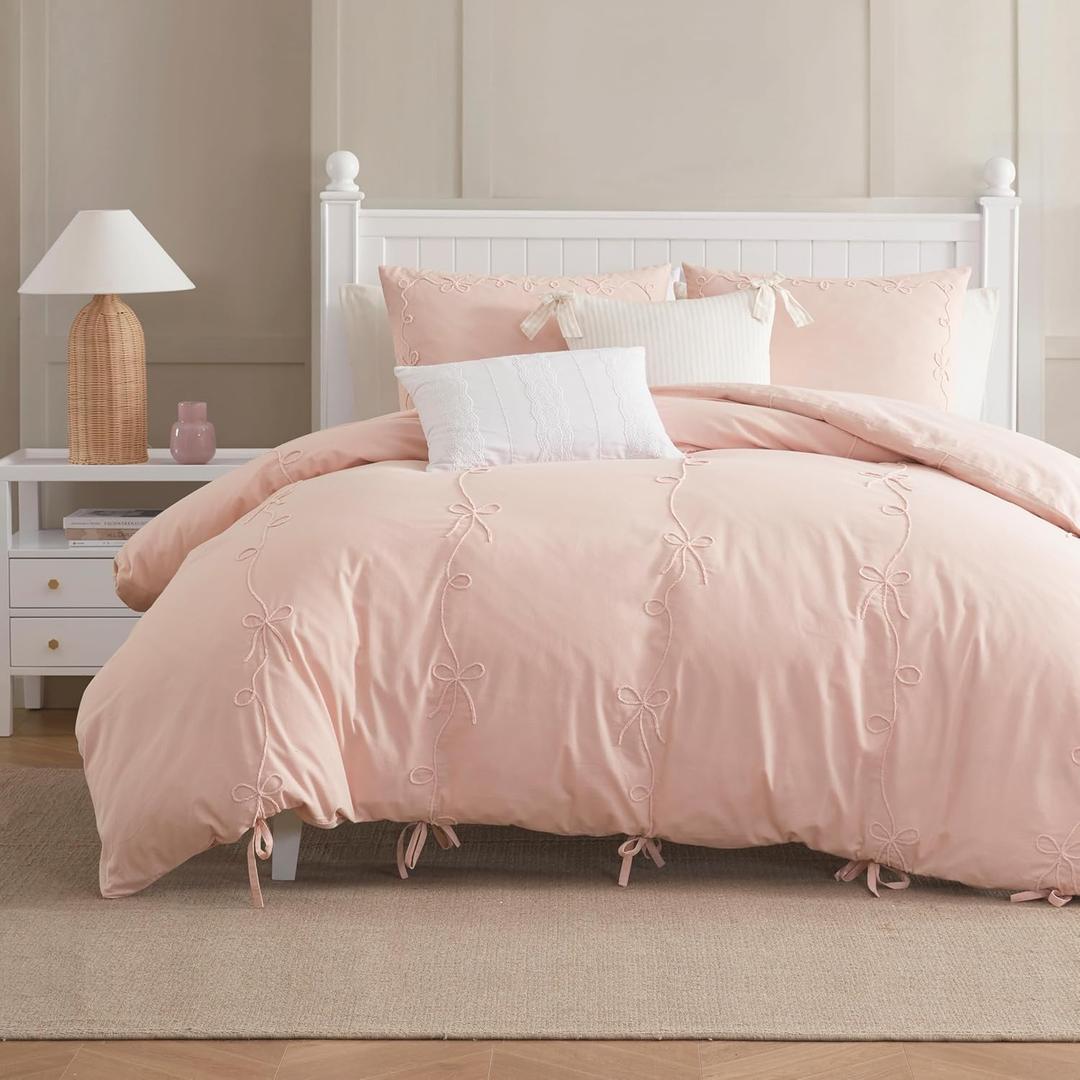 Peri Home Bows Duvet Cover Set 100% Cotton 3-Piece Bedding, Full/Queen, Blush Pink Sasha Bows