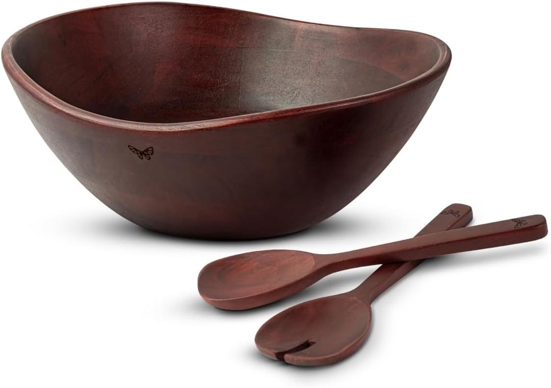 Melvvi Large Wooden Salad Bowl Set with 2 Serving Utensils | 12" Acacia Wood Royal Brown color Bowls for Food | Great Gift for Mothers Day (Royal Set of 3)