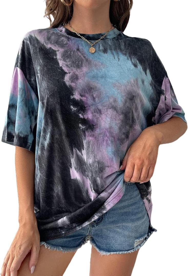 SOFIA'S CHOICE Womens Oversized Tee Shirts Tie Dye Shirt Short Sleeve Casual Summer Tops (Large, Purple Black)