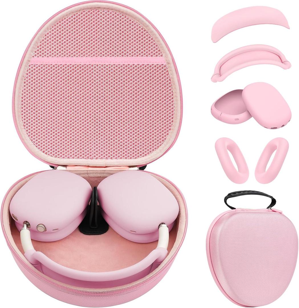 Smart Case for Apple AirPods Max Supports Sleep Mode, with Ear Pad Case Cover/Ear Cups Cover/Headband Covers Silicone Accessories for AirPods Max Headphones,Hard Portable Carry Travel Storage Bag,Pink