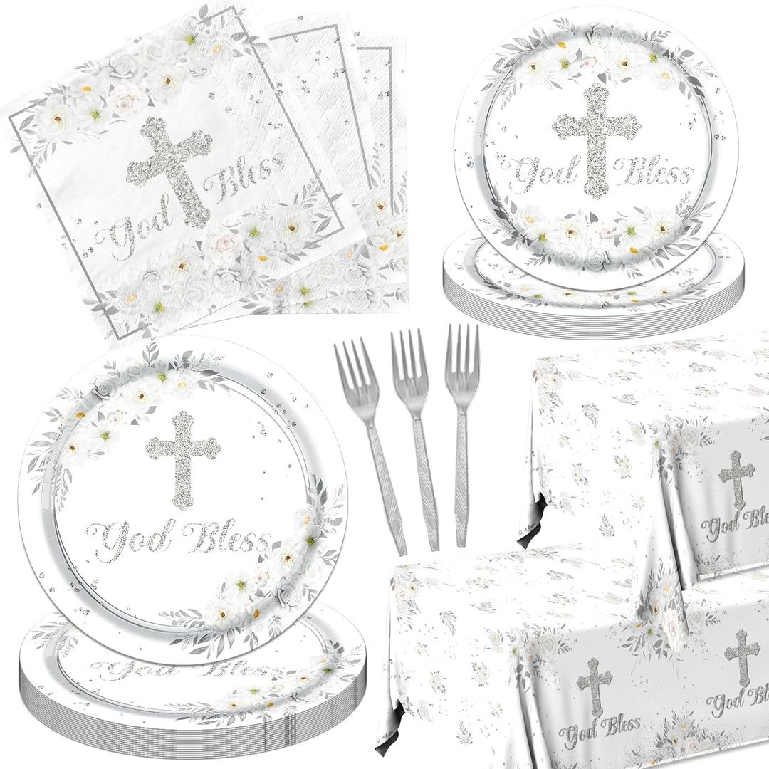God Bless Plates and Napkins Tableware,142pcs Sliver Baptism Plates and Napkins Tablecloth Set,First Communion Decorations Dinnerware for Newborn Religious First Holy Communion Decorations