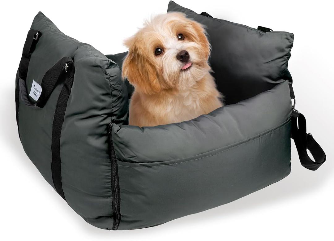 HappyTails Pet Car Seat for Dogs and Cats, Waterproof Booster Car Seat with Clip-On Safety Leash, Pet Traveling Carrier Bed with Storage Bags, Grey, Medium