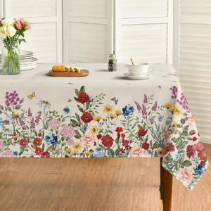 Horaldaily Spring Tablecloth 52-70 Inch Rectangular, Vintage Flowers Beige Washable Seasonal Table Cover for Party Picnic Dinner Decor