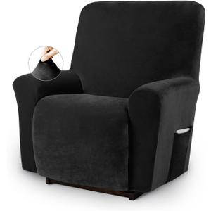 Asnomy Recliner Chair Covers Lazy Boy Recliner Covers with Pockets Stretch Velvet Couch Cover Slipcovers 1-Piece Furniture Protector for Dogs Cats(Recliner,Black)