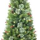 4ft Pre-lit Christmas Tree,Artificial Pine Potted Xmas Tree 256 Branches Tips,Decoration with 100 LED Lights & 12 Red Berries & 12 Pinecone for Home or Office