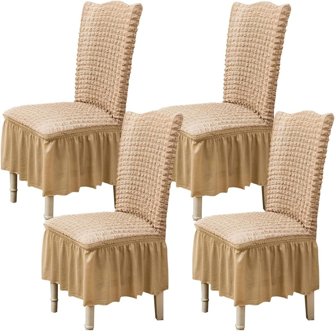 Qubjus Chair Covers for Dining Room Set of 4 Stretch Chair Slipcovers with Skirt Removable Washable Kitchen Chair Protector Cover Set for Home, Party, Wedding(Beige, 4pcs)