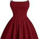 SHENHE Women's Ruched Corset Dress Spaghetti Strap Fit and Flare Flowy Skater Mini Cami Dress, Large
