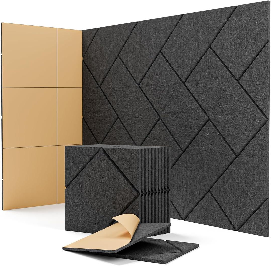 Kuchoow Sound proof Acoustic Wall Panels Noise Reducing and Absorbing for Studio, 12 Pack 12120.4 inch Black Self Adhesive Decorative Noise Cancelling and Sound Dampening Tiles for Ceiling and Door