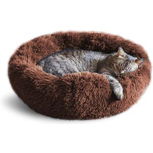 Whiskers & Friends Cat Bed, Cat Beds for Indoor Cats Washable, Orthopedic Soft Fluffy Round Calming Pet Bed for Small to Large Kitty Kittens & Dogs, Small Dog Beds & Furniture (23.00" x 23.00" x 7.00", Chocolate Brown)