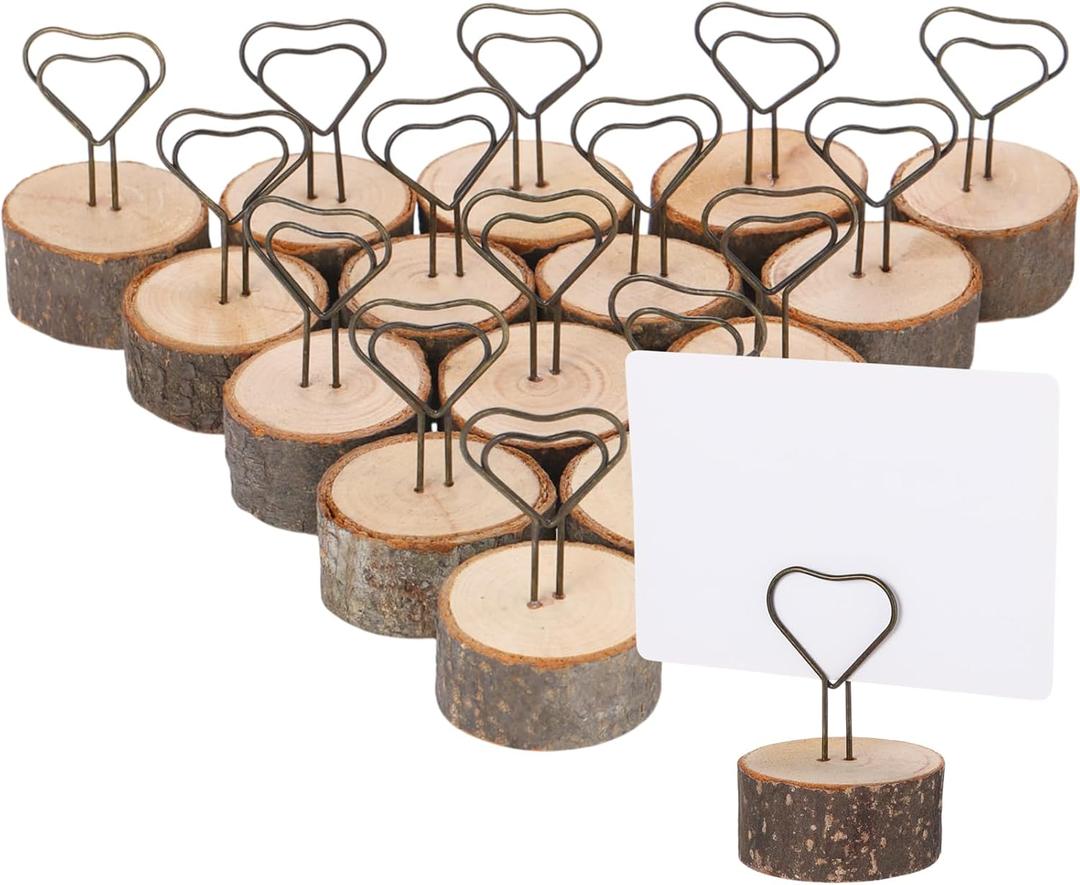 15 Pcs Wood Table Number Holders Stands Christmas Wooden Base Place Card Picture Holders for Centerpieces Rustic Iron Wire Picture Picks Clip Stand (Heart)