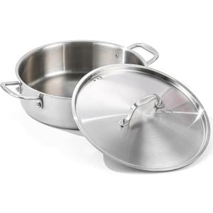 DELARLO Tri-Ply Stainless Steel 5 Quart Braiser Pan with Lid Induction Rondeau Pot With Lid 12inch Deep Frying Pan Large Saute Pan Heavy Duty Style Compatible With All Cooktops Up to 650