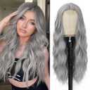 Grey Wig - Long Silver Wavy Wigs for Women Middle Part Gray 26 inch Natural Curly Synthetic Wig Heat Resistant Fiber Wigs for Daily Party Use