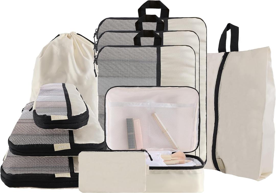 U+U 10 Set Compression Packing Cubes - Ultralight Cream Travel Organizers with Laundry Bag, Space-Saving Suitcase Organizer, Expandable Packing Cubes for Travel and Family Vacation (Cream)