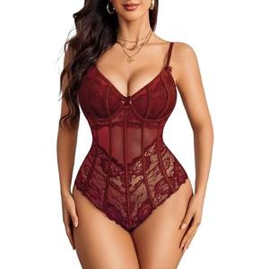 Avidlove Bodysuit for Women Sexy Lace Top One Piece Lingerie V Neck Mesh Tops Going Out Cami Naughty Push Up Body M