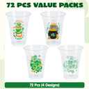 JOYIN 72 Pcs 16oz St. Patrick's Day Plastic Cups, Green Disposable Cups Bulk with 4 Styled Lucky Clover Cauldron Patterns for Saint Patrick Party Supplies, Irish Lucky Day Shamrock Party Decoration