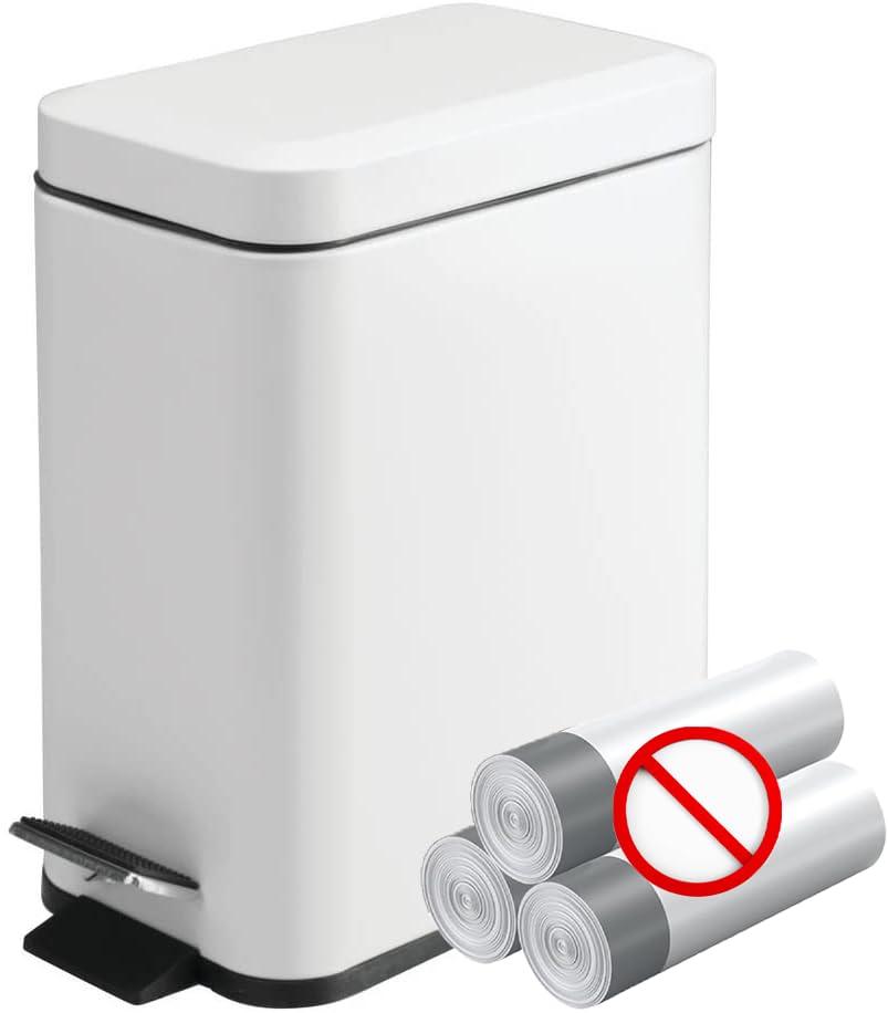 Homie Soft Close, Slim Trash Can 1.6 Gallon with Anti - Bag Slip Liner and Lid, Use as Mini Garbage Basket, Slim Dust Bin, or Decor in Bathroom, Restroom, Kitchen, or Bedroom (Shiny White)