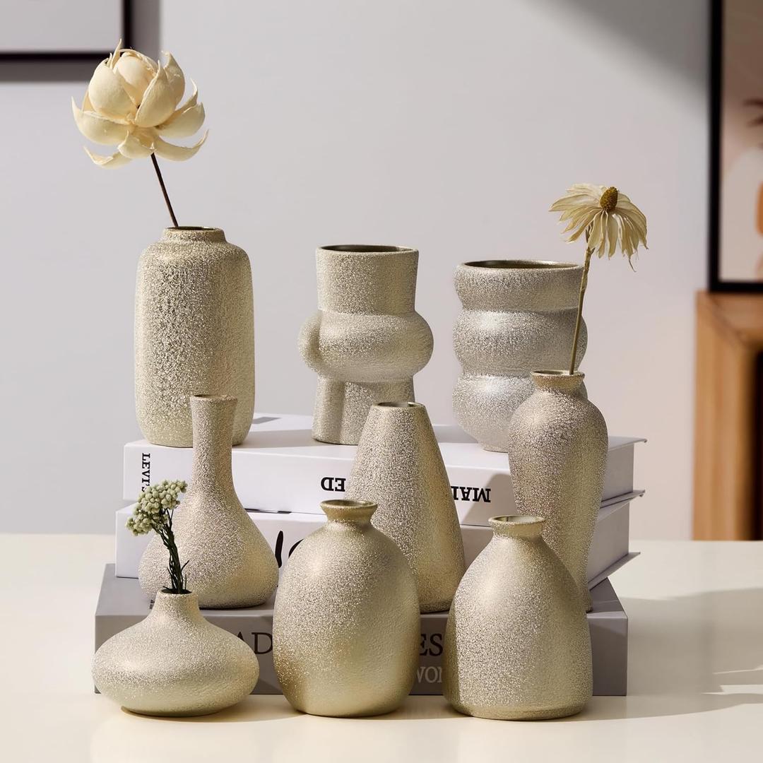 Set of 9 Ceramic Bud Vases for Pampas Grass Flowers, Small Vases in Bulk for Centerpieces Boho Vases for Wedding Decorations Neutral Living Room and Bedroom Decor DIY Gift (Gold)