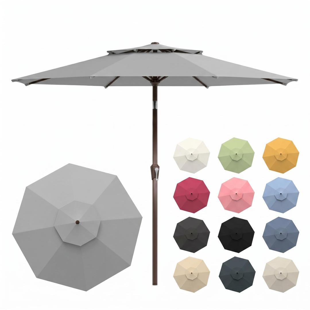 Patio Kingdom 10FT Patio Umbrella, 2 Tier Outdoor Table Umbrella, Large Vented Market Umbrellas with Push Button Tilt and Crank, 8 Sturdy Ribs for Backyard, Deck, Pool, UPF50+ UV Protection, Light Gray