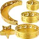meekoo 5 Pcs Ramadan Serving Trays Eid Mubarak Round Crescent Moon Star Shaped Metal Food Trays Iron Platters for Serving Food Home Islamic Muslim Party Decoration Table (Gold,Star Moon Hollow Style)