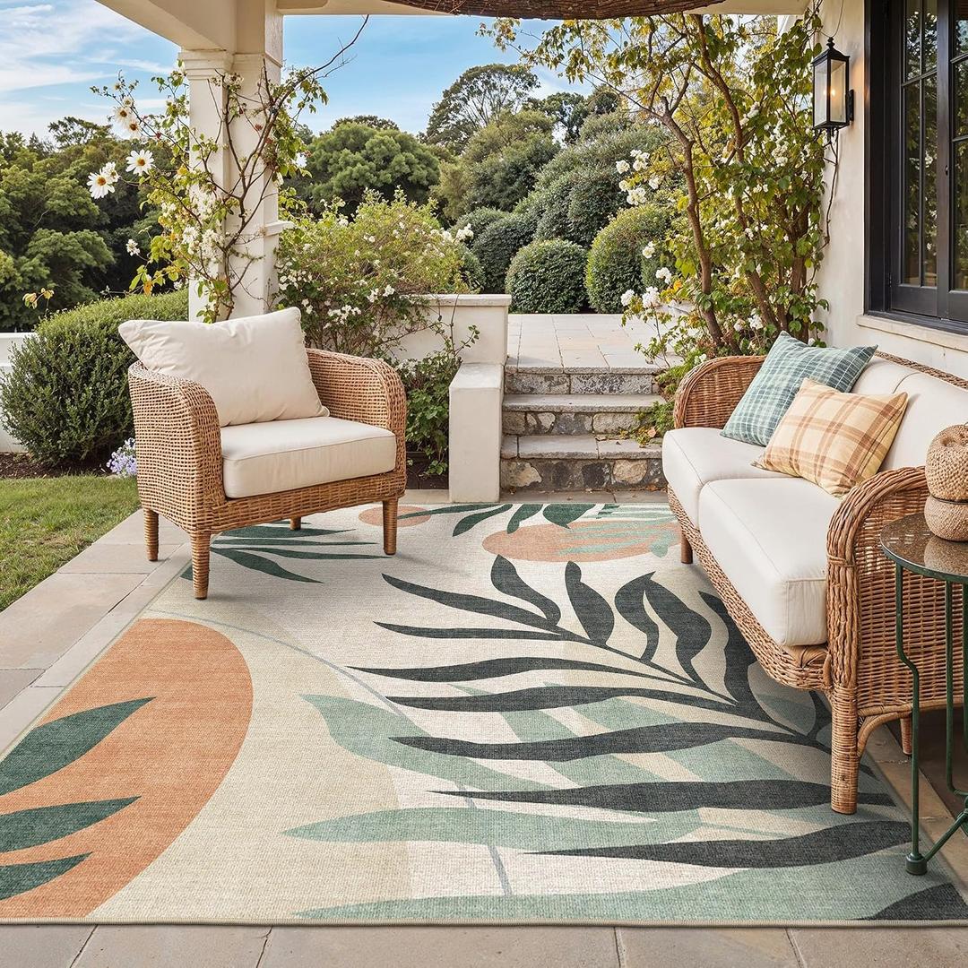GENIMO Outdoor & Indoor Area Rug 6'x9', Waterproof, Non-Shedding, Easy Cleaning, Leaf Mat for Patio, Living Room, Balcony, Dining Room, RV, Deck, Bedroom, Camping, Outside Carpet, Beige Grey