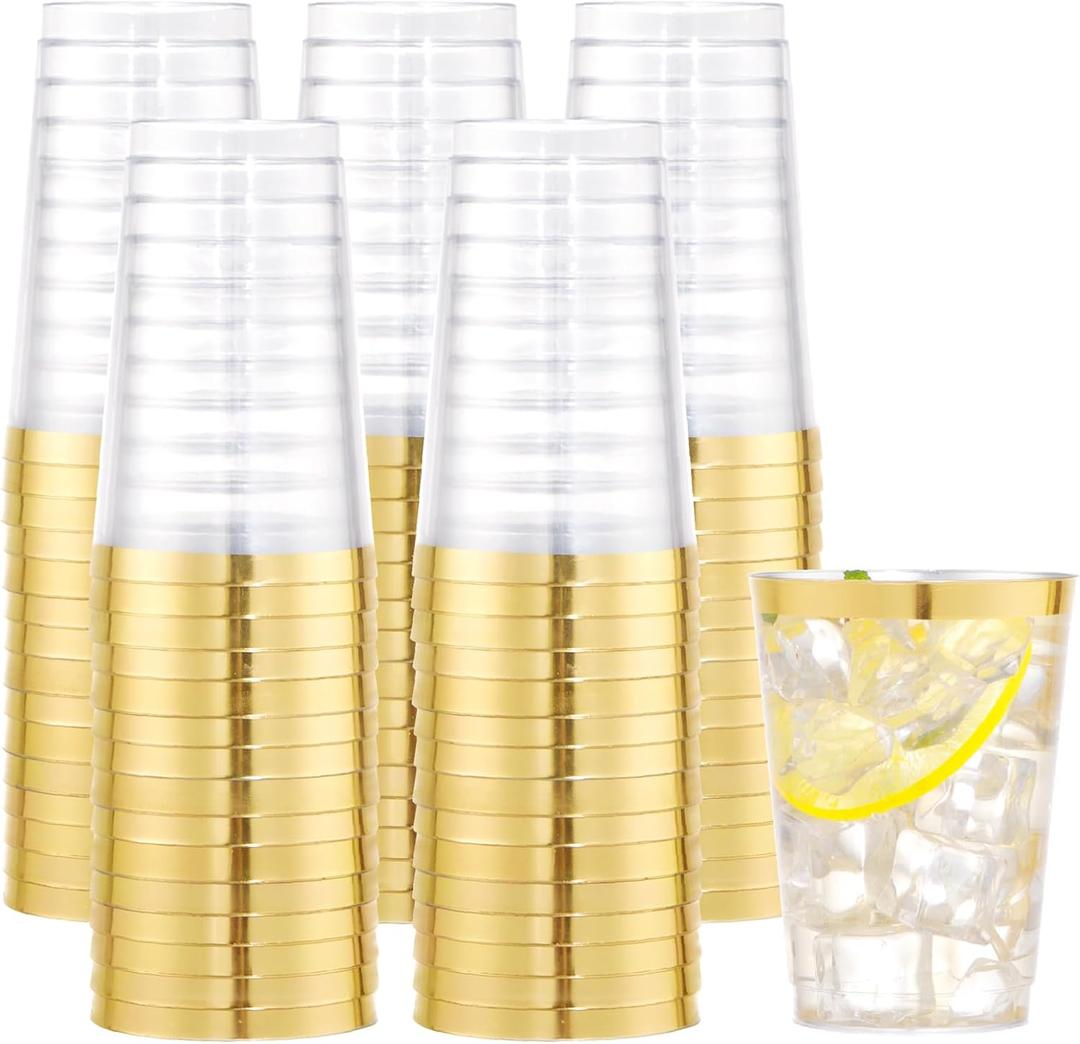 I00000 100PCS Gold Plastic Cups,10 oz Clear Plastic Cups with Gold Trim, Beer Mugs Disposable Hard Cup For Party, Premium Cup Perfect for Wedding & Party