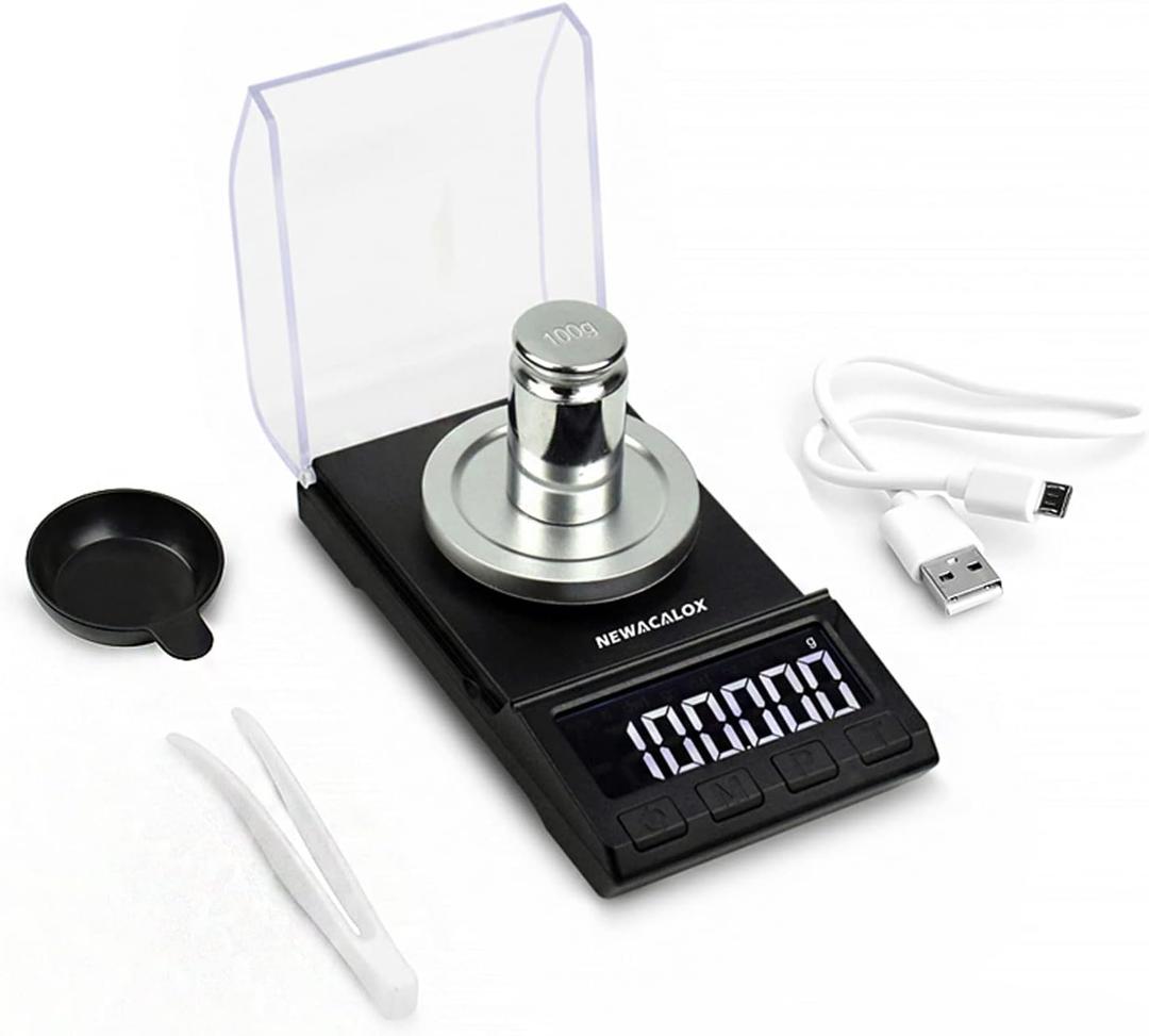 Milligram Scale with USB Supply, NEWACALOX Reloading Scale 100 x 0.001g, High Precision Portable Multifunction Lab Powder Scales with Calibration Tare Weights, Tweezers, Weighing Pans Black