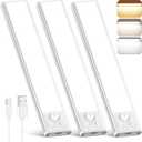 3Pack Under Cabinet Lighting, 68LED 1800mAh Motion Sensor Lights Indoor, 3 Color Wireless Dimmable Rechargeable Battery Operated Closet Lights, Magnetic Under Counter Light Fixture for Kitchen Stair