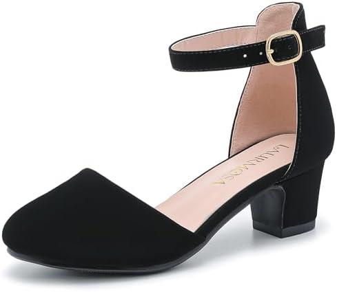 LAURMOSA Girls Dress Shoes Closed Toe Chunky High Heels Ankle Strap Wedding Party Pump Shoes, Size 13