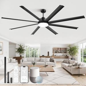 ZMISHIBO 84 Inch Ceiling Fan with Light, Smart Fan Light Compatible with Alexa, 3000-6000K Dimmable, 6 Speeds, Large Industrial Ceiling Fans with 8 Black Aluminum Blades for Patio Living Room