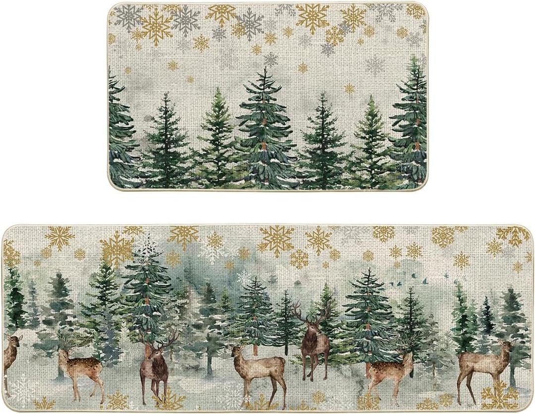 Artoid Mode Xmas Trees Deer Snowflakes Christmas Kitchen Mats Set of 2, Winter Home Decor Low-Profile Kitchen Rugs for Floor - 17x29 and 17x47 Inch (Green)