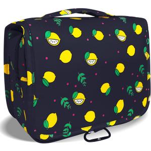 LAKIBOLE Toiletry Bag Multifunction Cosmetic Bag Portable Makeup Pouch Waterproof Travel Hanging Organizer Bag for Women Girls (Black & Lemon-Travel Tag |)