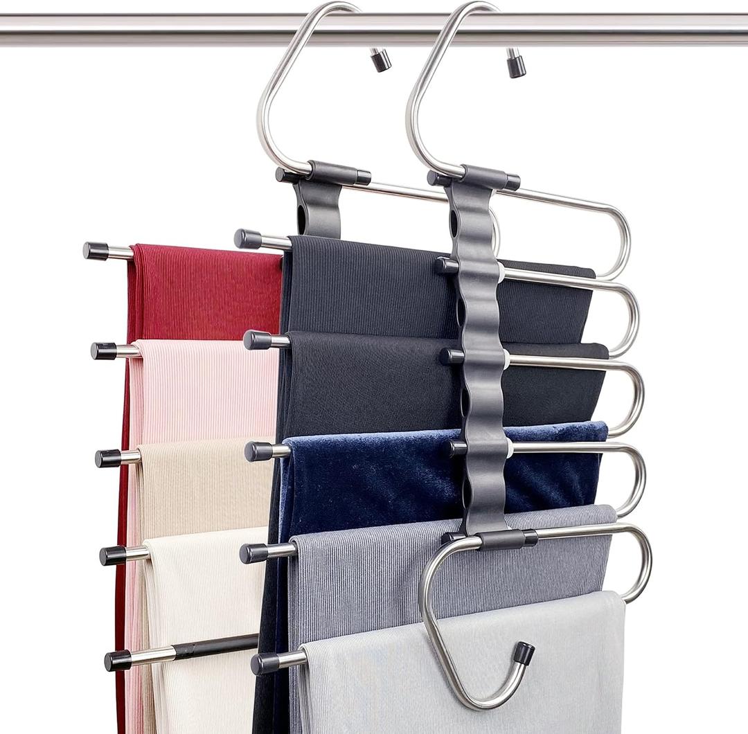 Magic Pants Hangers Space Saving - 2 Pack for Closet Multiple Layers Multifunctional Uses Rack Organizer for Trousers Scarves Slack (2 Pack with 10 Metal Clips), 11.1l X 12.8w X 2.3h Inches
