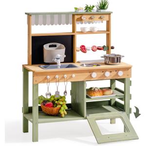 ROBUD Mud Kitchen for Kids Outdoor, Solid Wood Outdoor Play Kitchen, Green Kids Mud Kitchen with Barbecue Grill Removable Sink & Faucet, Monteeori Toys for Children Ages 3+, WH003